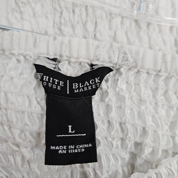 NWT WHITE HOUSE BLACK MARKET Midi Dress WHITE w SILVER Floral size L Smocked - Picture 7 of 11